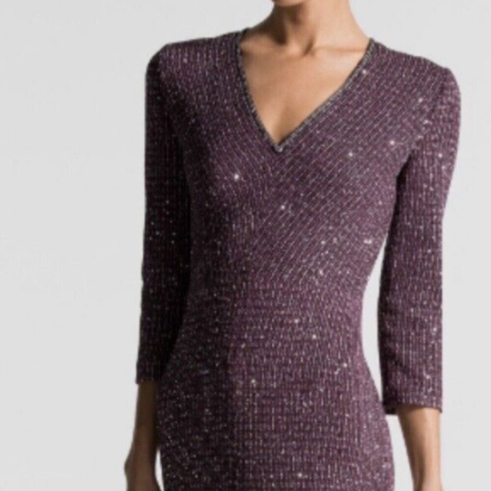 St John Magenta Multi Sequined Evening Gown 3/4 Sleeve V-Neck Long Maxi Dress